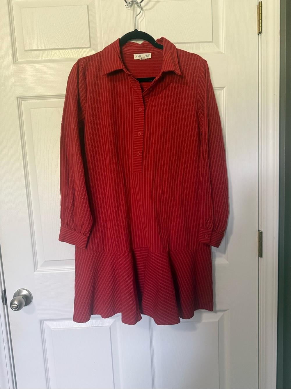 She + Sky Cotton Blend Rust Orange Textured Long Sleeve Shirt Dress- S - Picture 2 of 7